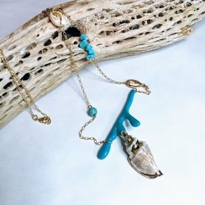 Gold Trimmed Seashell Turquoise Coral Necklace